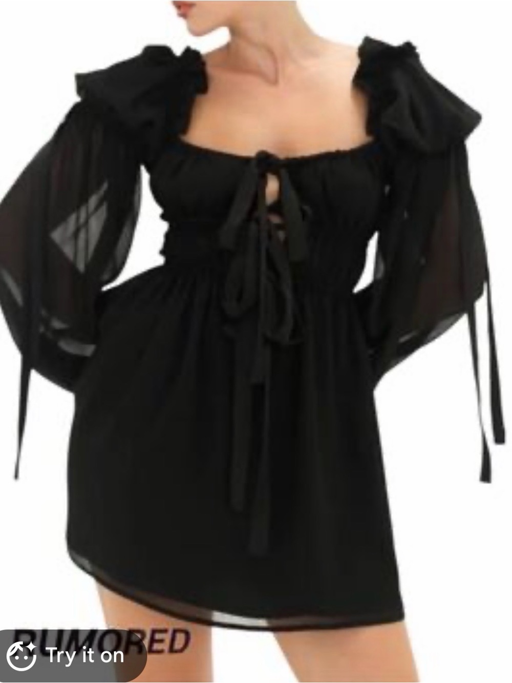Rumored Black Sheer Puff-Sleeve Tie-Front Mini Dress